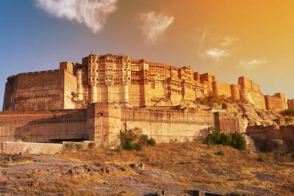 Sunny bright day in Mehrangarh Fort located in Jodhpur, Rajasthan, is one of the largest forts in India.